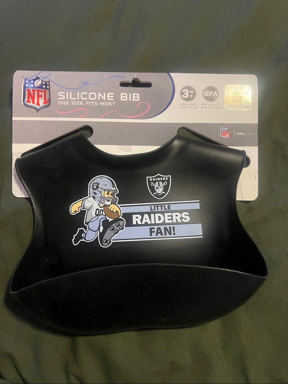NFL Raiders Black Silicone Baby Bib with Little Raiders Graphic